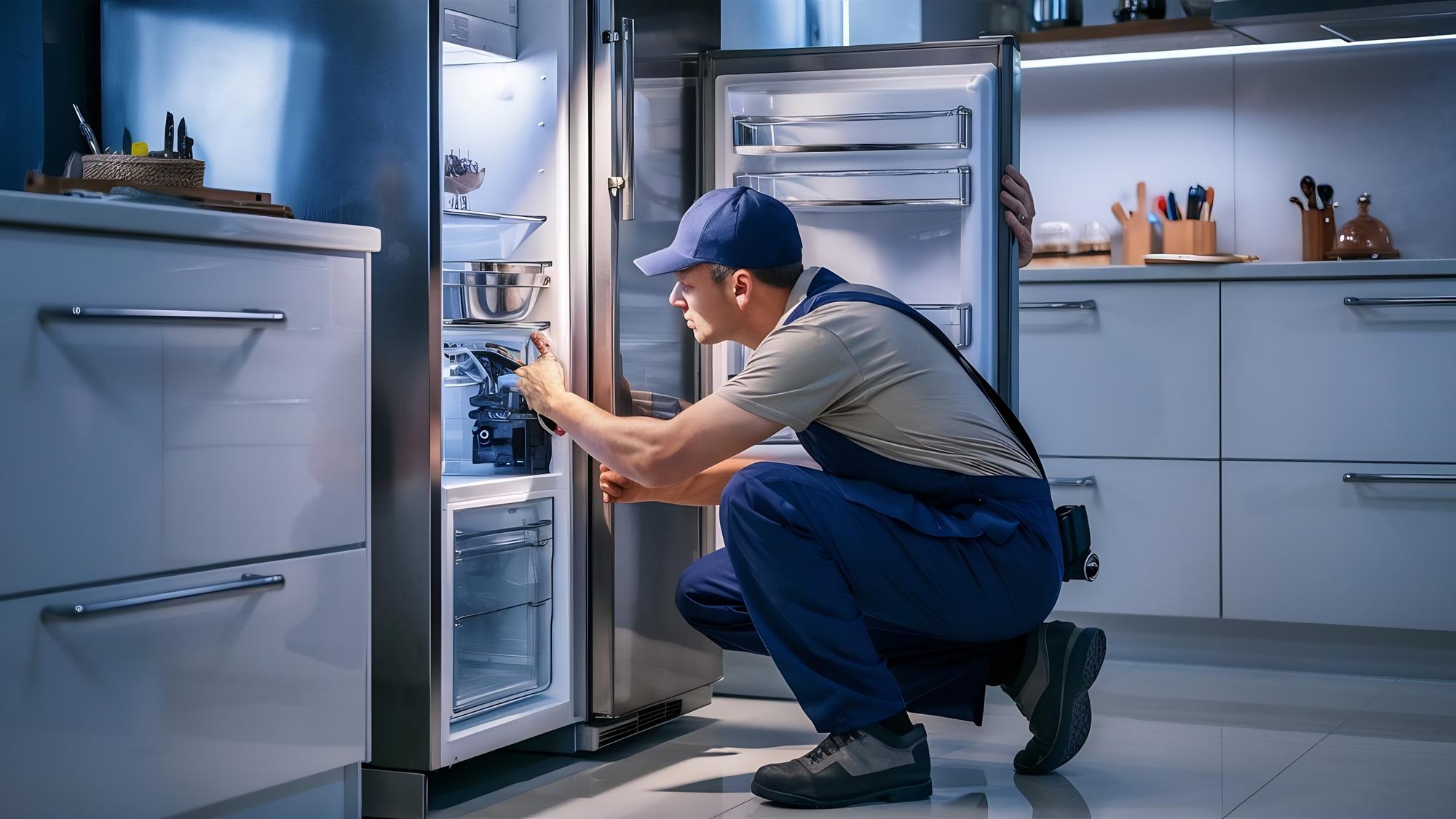 worker repairing fridge kitchen